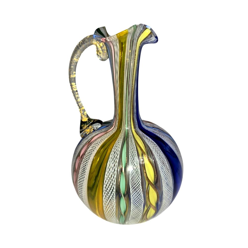 Vintage Murano Italian Art Glass Multi Color Ribbon Cane & Lattice Cruet Pitcher